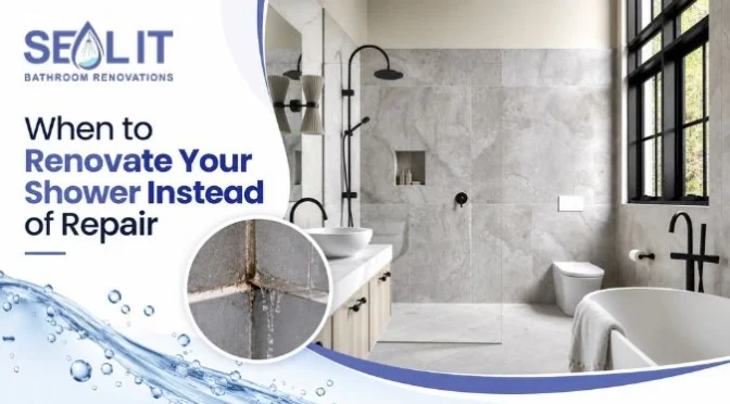 Modern bathroom renovation showing a renovated shower area with waterproofing improvements to help prevent recurring shower leaks.
